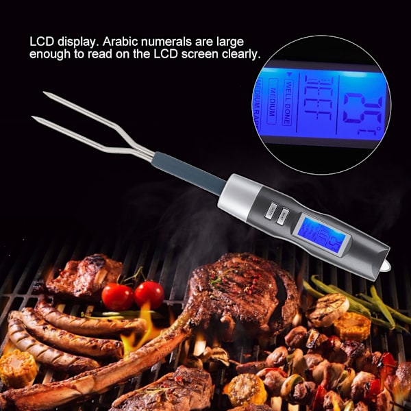 Digital BBQ-gaffel med snabbläsningsteknik för exakta innertemperaturer, ljudlarm, rostfritt stålprobe för kök, grillning, rökning