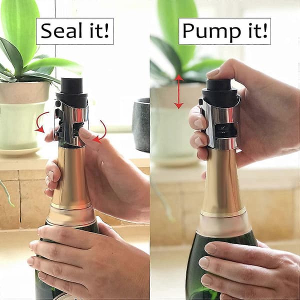 2x Champagnepropp i rustfritt stål, Champagneflaskepropp med pumpe, egnet for musserende vin