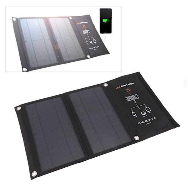 15W Monokristallin Solpanel Laddare Dubbel USB Vikbar Solladdningspaket Utomhus Telefon Power Bank Svart