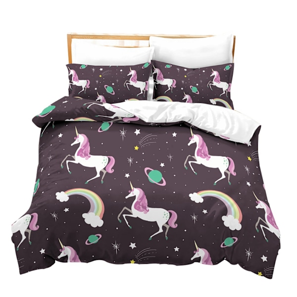 Sengesett med dynetrekk og putevar, 3 deler, 100 % polyester, trykt med enhjørning (Queen)