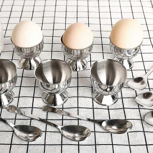 Eggkopp i rustfritt stål, sett med 12, inkluderer 6 eggkoppholdere og 6 eggskjeer