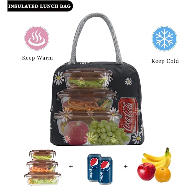 Blommig Lunchväska för Kvinnor, Termisk Isolering Läcksäker Kylväska för Arbete Skola Picknick Strand, Återanvändbar Elegant Tusensköna Väska med Stor Ficka Fram