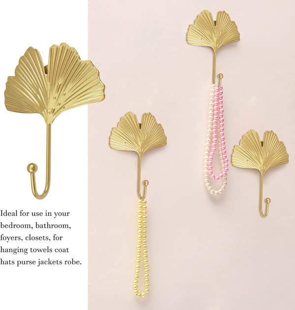 Set med 4 dekorativa järnkrokar med ginkgoblad, modern väggmontering