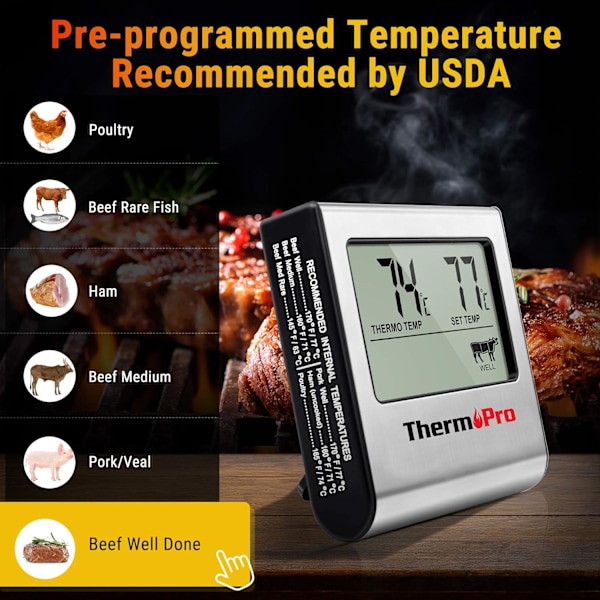 Smart Kötttermometer, Ugnssäker med LED-display, Rostfri Sond Läser Av Temperaturen Omedelbart, Kabelanslutning för Säker Användning i Ugn, Hög Noggrannhet