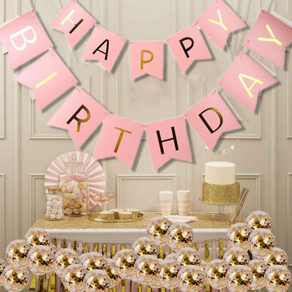 Fødselsdagsbannere, Happy Birthday Banner og 5 stk. Konfettiballoner