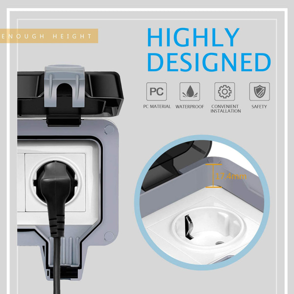 Utendørs stikkontakt med lokk - Alt-i-ett ramme + innfelt innlegg + deksel, vanntett utendørs stikkontakt, støvtett overflate montert stikkontakt