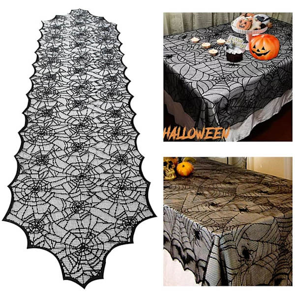 Halloween Bordløper Bordduk Edderkoppnett Blad Dekor Skummel
