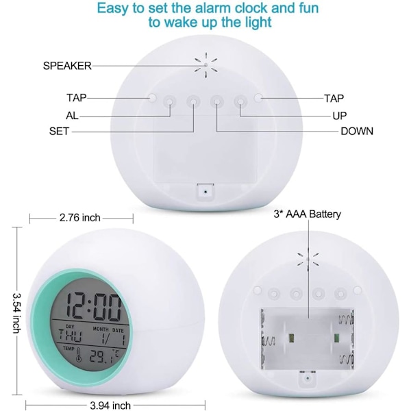 LED-väckarklocka för barn, väckarklocka, väckarklocka för barn med 7 färger, 12/24-timmars digital klocka, entryckskontroll,