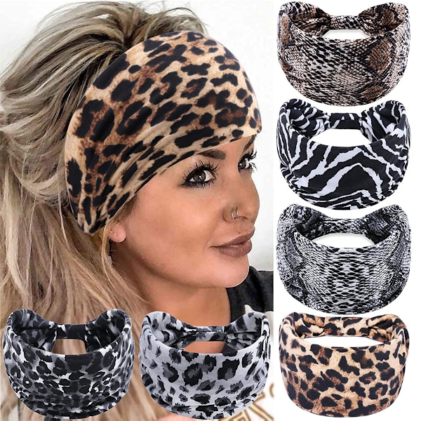 Stretchiga Hårband, Snabbtorkande Boho Pannband Halkfria Hårband Svettabsorberande Leopardtryck Bohemisk Stil för Kvinnor (6 st)