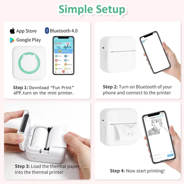 Mini termisk skriver, bærbar blekkfri Bluetooth-skriver med 5