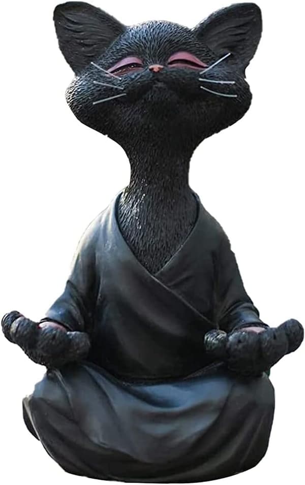 Svart Buddha Katt Samlarobjekt Yoga Meditation Figur, Glad Katt