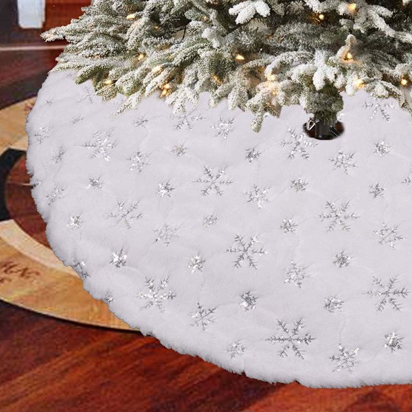 Nytolkad Julgransmatta, Paljett Snöflinga &amp; Snövitt Fuskpäls För En Vinterdröm, Dubbellagersdesign (122 cm)