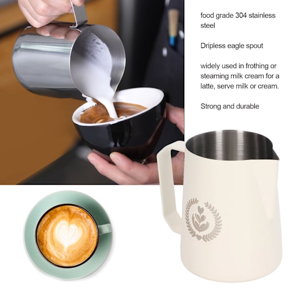 Melkeskumkanne i rustfritt stål, skumkanne, blandingskopp, pott for kaffedrikker, 450 ml, hvit