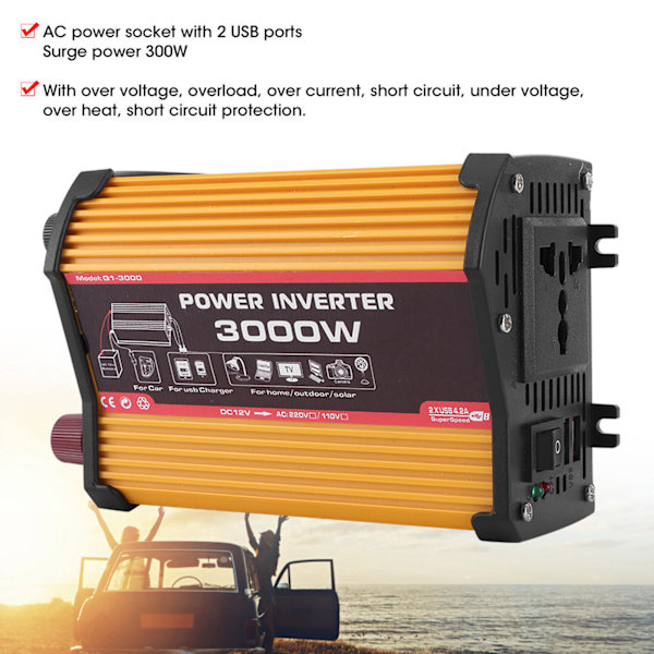 Auton invertteri, kaksi USB-porttia, 300W, autovirran muuntaja, muokattu siniaalto