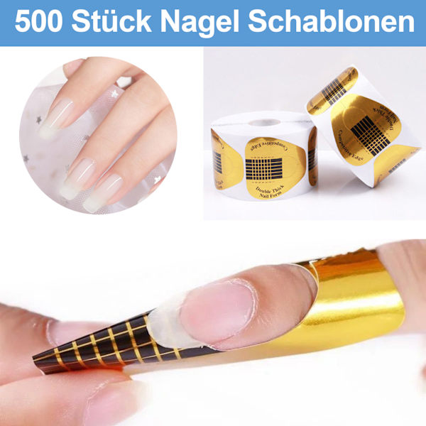 Paket med 500/1 rulle nagelmallar, självhäftande modelleringsmallar nagelformar för nagelkonst gelnaglar, konstgjord nagelförlängning (guld)