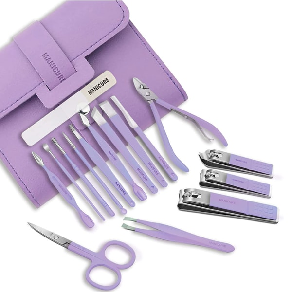 Nagelkit, nagelklippare, fotspa, fotskrubber, pedikyrsats, fotbad, set 16 Piece Set - Lavender Purple