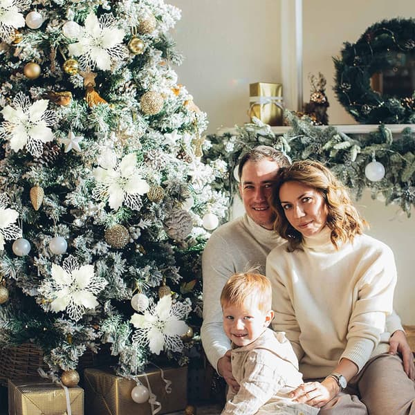 Utsøkt julestjerneblomst, glitrende kunstnerisk touch til din festlige dekor, glitrende juledekorasjon til hjem, bryllup og fest, sett