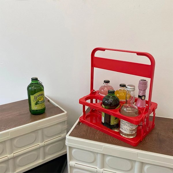 Bærbar Øl Flaske Stativ Ren Farve Foldbar Drikkevare Opbevaringsstativ Picnic Øl Håndtag Kurv Rød