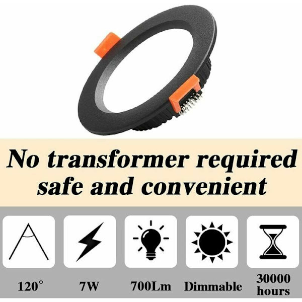 7W Spot LED Infällbar Dimbar Svart Extra Platt 230V 5 Pack, 700LM = 70W Glödlampa, IP44, Kallt Vit 6000K, Utskärning 80-90mm, Rund Tak