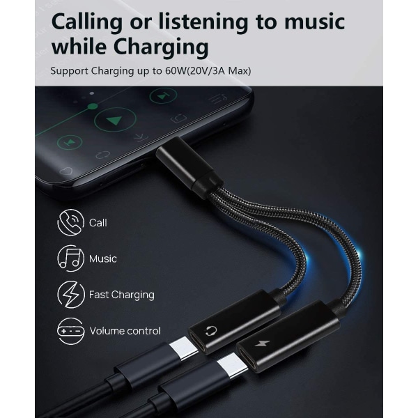 USB C-splitter, dubbla USB C-hörlurar och laddningsadapter med