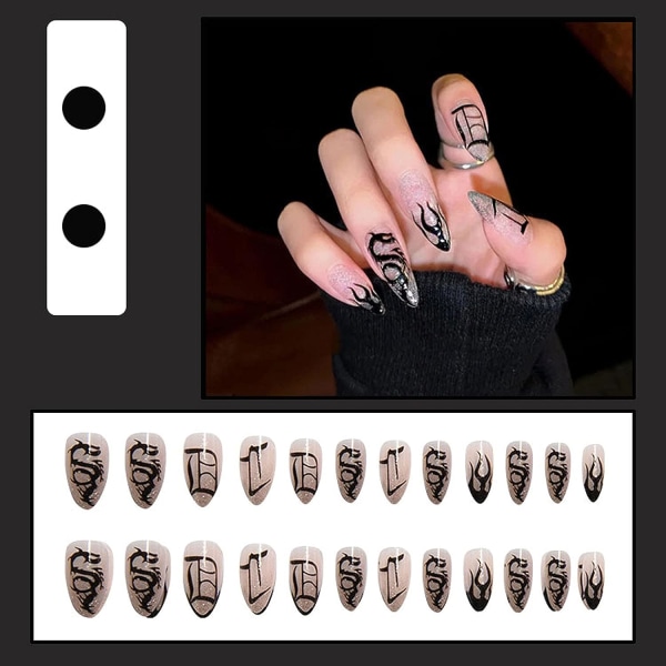 MISUD Stiletto Almond Press on Nails Black Flame Glitter Bling