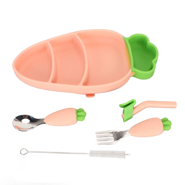 Baby Silikon Matning Set med Gaffel Sked Sugrör Rengöringsborste Morot Form Avvänjningsset Rosa