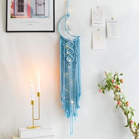 Blå Måne Drømmefanger med Lys, Romdekor, Boho Dekor, Vegg