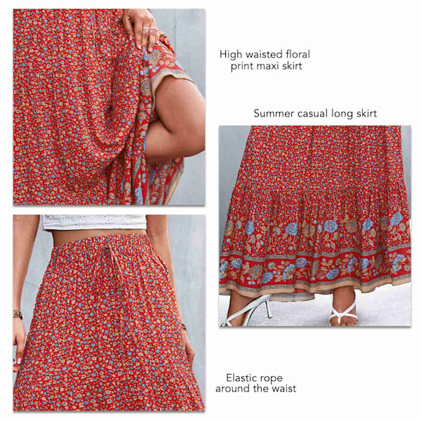 Rød XL Skjørt Høy Midje Blomstertrykk Elastisk Midje Swing Casual Maxi Skjørt for Kvinner