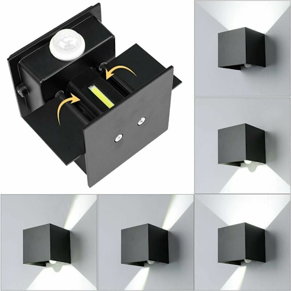 Vegglampe 12W IP65 Vanntett 6000K Kald Hvit Justerbar Vinkel LED Svart med Bevegelsessensor