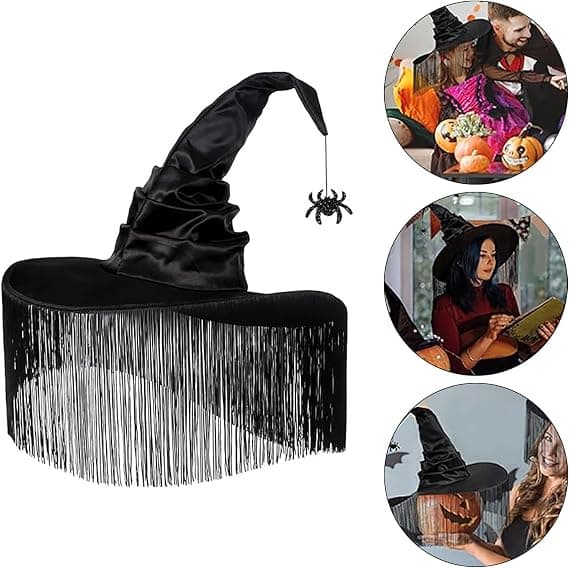 Halloween COS Troldmands-/Heksehat, Maskeradebal og Rollespilsfester, Sort Flagermus-trykt Frynset Spids Hat