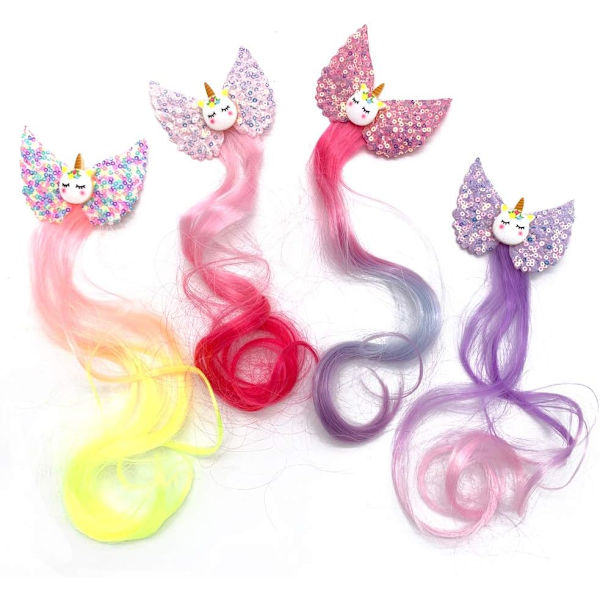 4 st Regnbåge Enhörning Hårspännen, Hårrosetter Glitter, Gradientfärg
