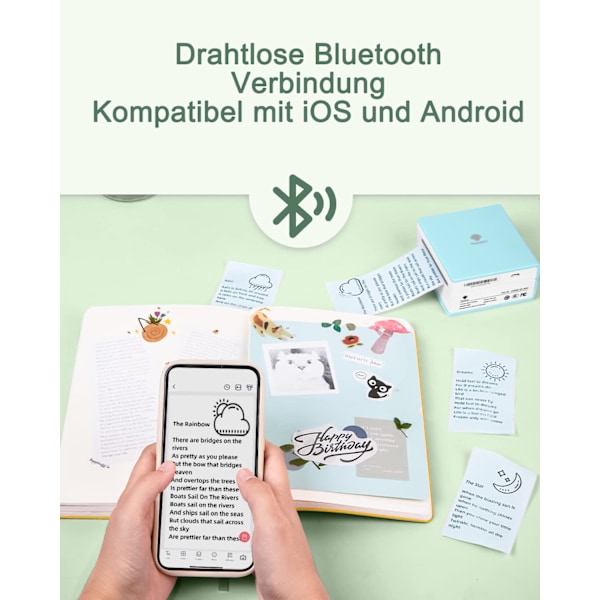 M02 Fickprinter Miniskrivare för Smartphone, Termisk Skrivare Bluetooth Etikettskrivare, Kompatibel med i0S Android, för Etiketter, Foton,