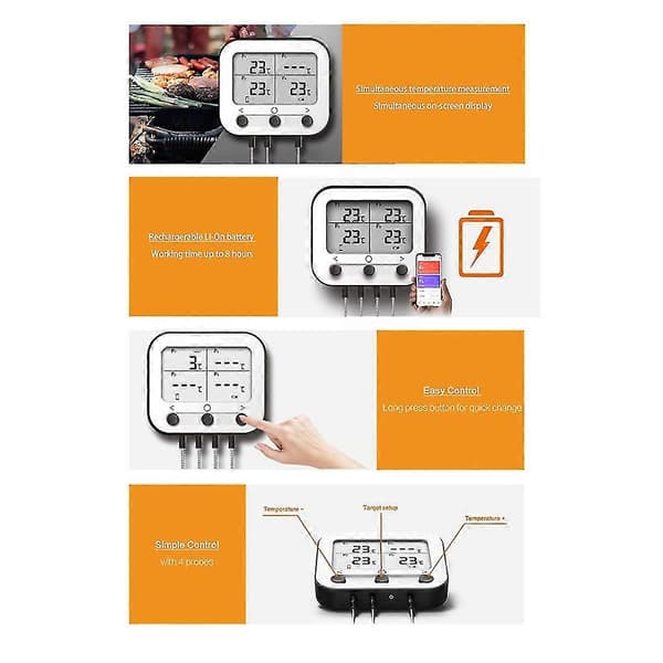 Kødtermometer, trådløst Bluetooth kødtermometer digitalt med 4 prober, øjeblikkelig aflæsning grilltermometer