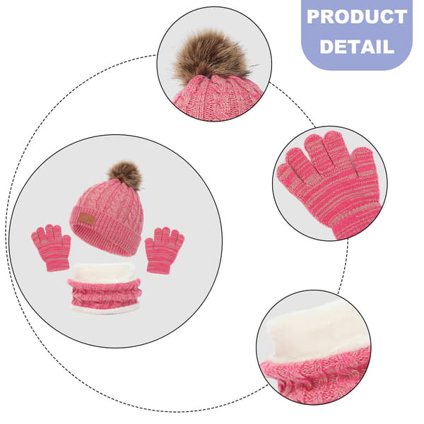1 sæt børns vinter tredelte hat, halstørklæde, handsker, tredelt efterår og vinter enkelt kugle babyhat Rose red