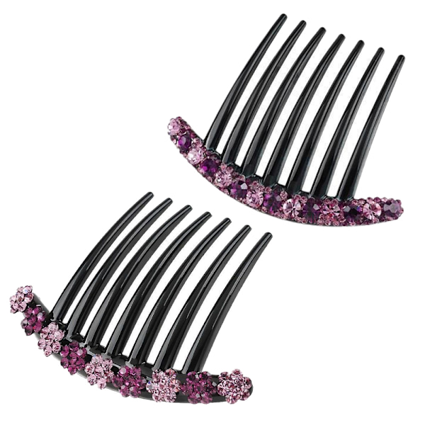 2 stk. 7-tands hårsidekamme med rhinestones og blomstermønster