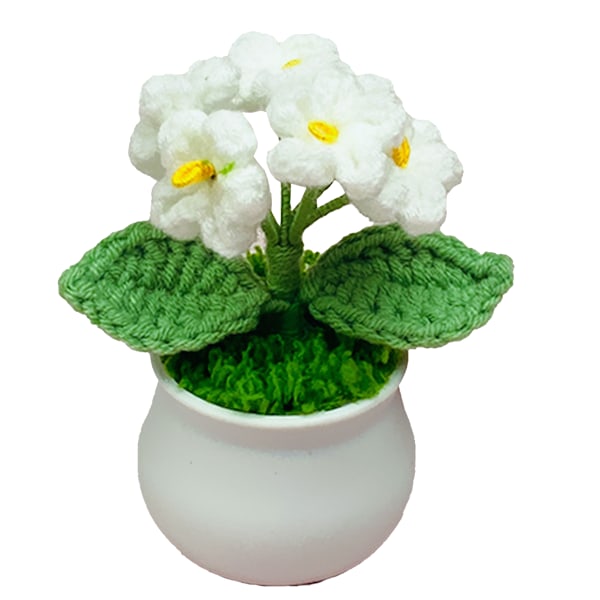 Vita handgjorda virkade blommor Förgätmigej Liten blomkruka, Simulering Falska blommor Små prydnader för hemmakontor skrivbordsprydnader
