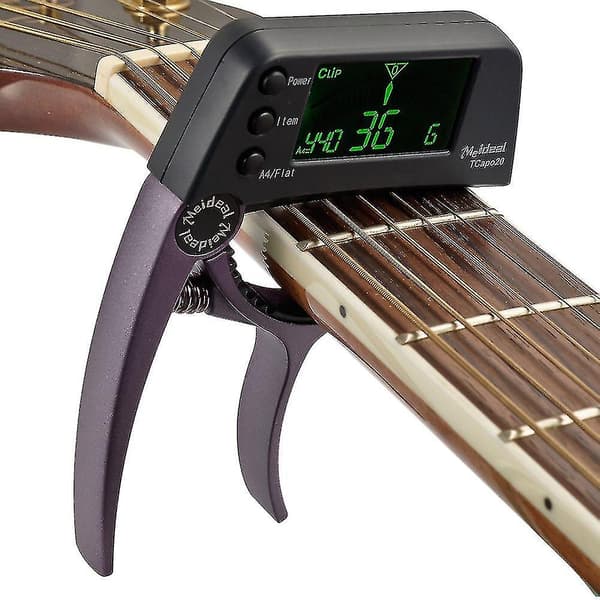 Akustisk gitarrstämmare och capo 2-i-1 snabbväxlingsklämma i metall för elgitarr, bas och kromatisk stämning Brown