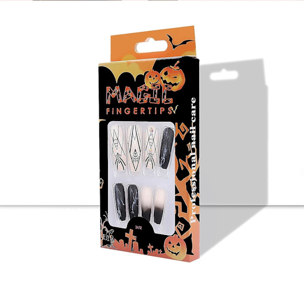 24 ST Press på naglar Lång kista med design Spider Web Stick Lim på Nails Art Salon Fake Nail Press ons Set False Nails Franska tips med lim för