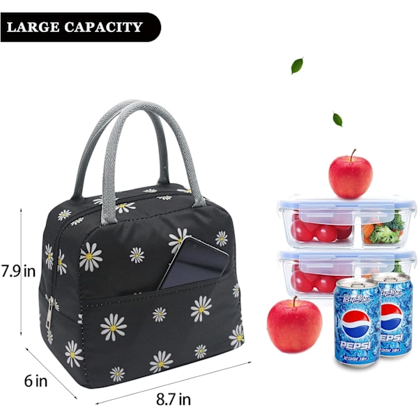 Blommig Lunchväska för Kvinnor, Termisk Isolering Läcksäker Kylväska för Arbete Skola Picknick Strand, Återanvändbar Elegant Tusensköna Väska med Stor Ficka Fram