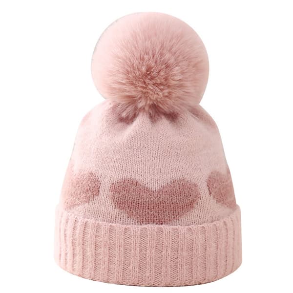 Vintermössa för småbarn Flickor beanie Dubbelstickad vinter Pom mössa för barn Pink