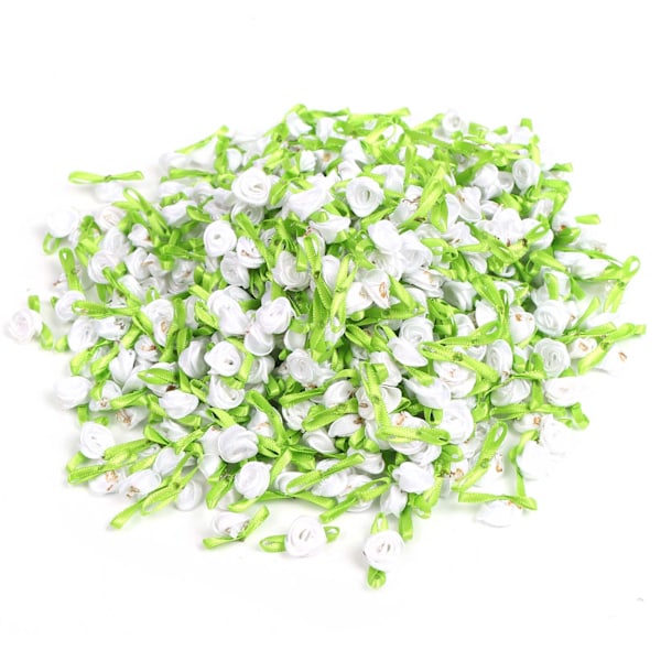 Håndlagde Blomster med Blad Små Roser Hodeplagg Dukketilbehør DIY Kunstig Bånd (Hvit)