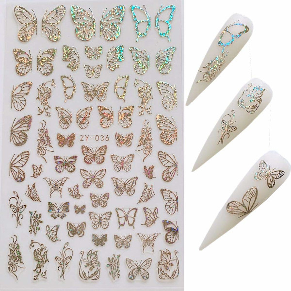 8 Ark Neglekunst Adhesive Dekalblad Diferente Laser Gull og Sølv Farge Butterfly Former Neglekunst Dekorasjon 10238