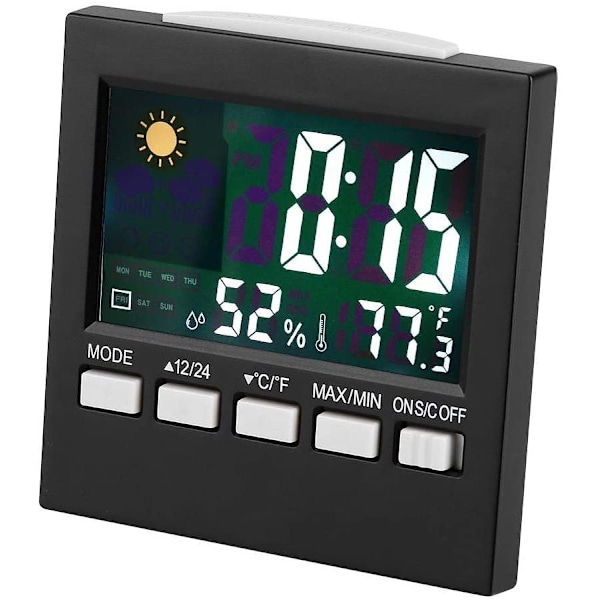 Bärbar Klocka med Multifunktionell Display, Digital Termometer Väckarklocka för Inom- och Utomhusbruk (Svart)