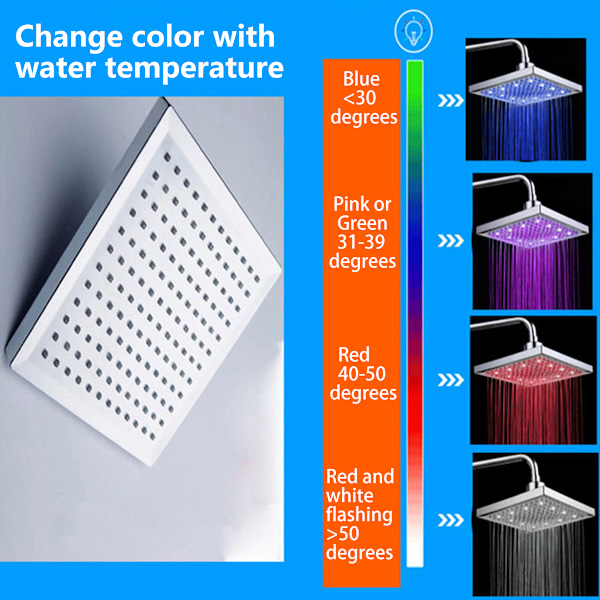 LED Dusjhode, 8 tommer Flis Temperaturkontroll, 3 Fargeskiftende ABS Krom Overflate, 12 stk LED Dusjhode for Bad