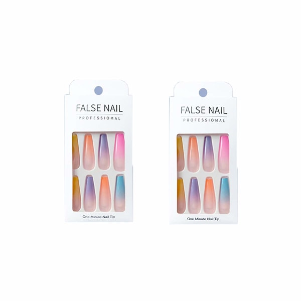 48 st Press on Nails Kista, Långa falska naglar Regnbågsgradientfärg Blank akryl Ballerina lösnaglar för kvinnor och flickor
