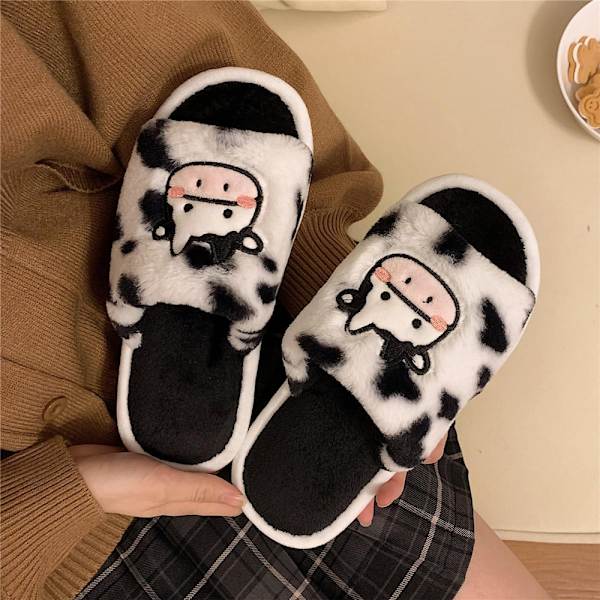 Cartoon Cow Bomullstofflor för Kvinnor, Söt Mysig Fuzzy Kawaii Co