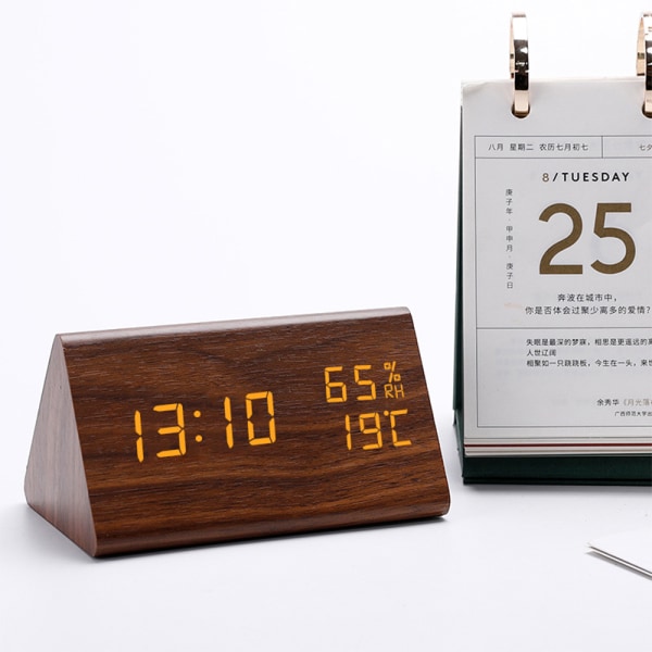 LED hygrometer väckarklocka LED träklocka triangel elektronisk digitalklocka trä hygrometer