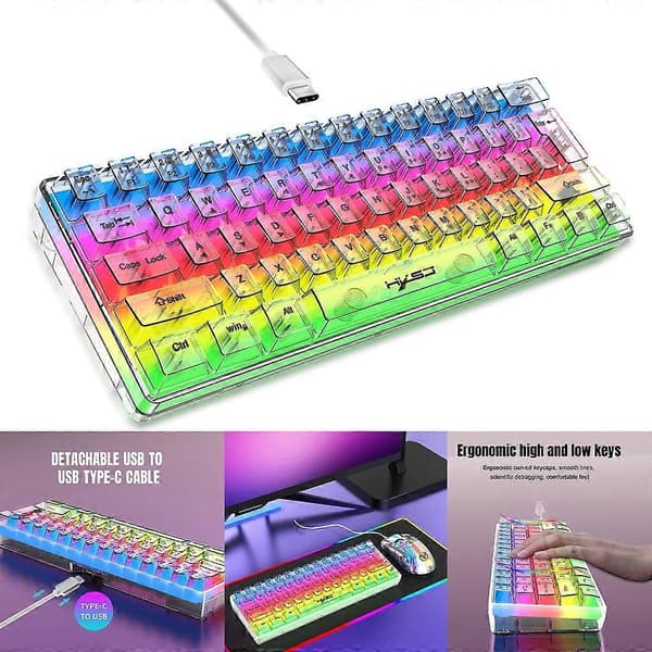 Mini 60 % kompakt tangentbord med 61 tangenter och transparent skal för PC/Mac-spelare