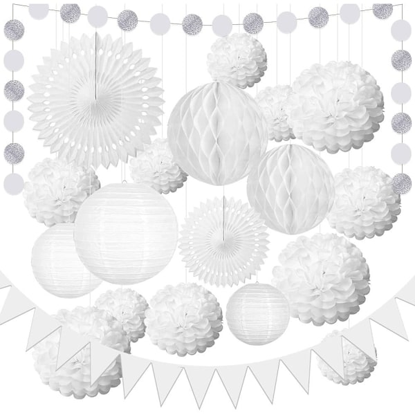 Pappersboll fluffig blomma vit bröllopsdekoration, 20 stycken papper fluffig sidenboll hängande, retro lampa fluffig honeycomb bröllop födelsedag eller baby White