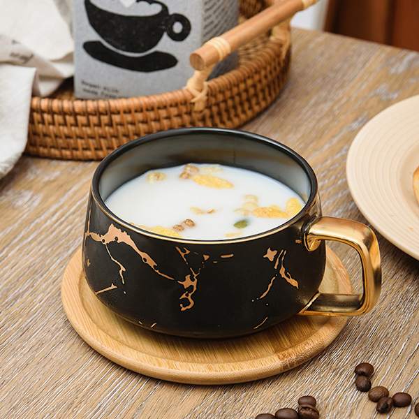 Cappuccino kaffekop med tallerken, 300ml porcelæn espresso kaffekop te kaffe cappuccino, kaffekop med træbakke - sort.